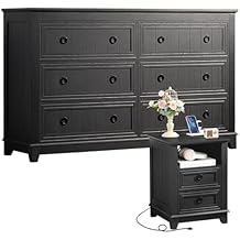 Joaxswe Farmhouse Furniture Set, Nightstands with Charging Station and 6 Drawers Dresser for Bedroom, 54 Inch Wide Wood Dresser and 18" Night Stands for Bedroom, Living Room, Hallway