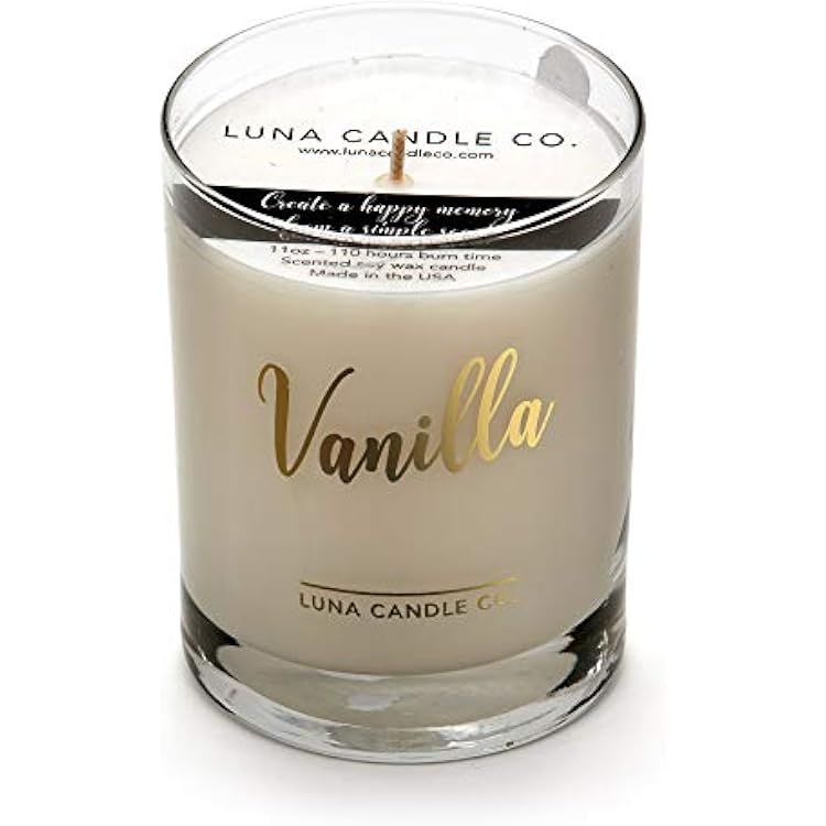 Highly Scented, Luxurious Vanilla Jar Candle with Soy Wax, 11oz. Glass, Up to 110 Hours of Burn Time, Hints of Milky Caramel and Floral Jasmine, Made in The USA