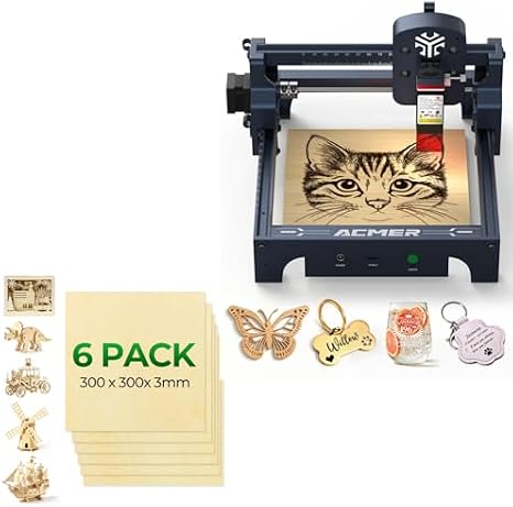 ACMER S1 2500mW Laser Engraver and Linden Wood Sheets 6 Pack
