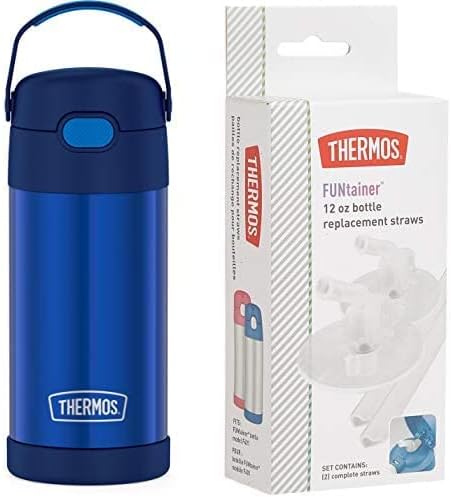 THERMOS FUNTAINER 12 Ounce Stainless Steel Vacuum Insulated Kids Straw Bottle, Blue and Thermos Replacement Straws for 12 Ounce Funtainer Bottle, Clear, 1 Pack