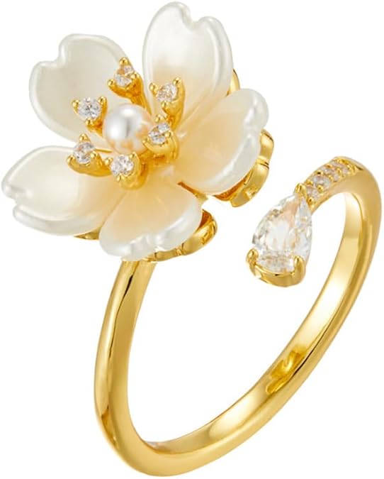 Kokoma Dainty Flower Ring for Women Sparkling Cubic Zirconia Daisy Open Statement Rings Pearl Chic Engagement Promise Ring Wrap Finger Band