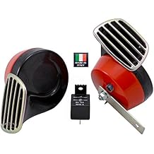 HS RED Black Twin Trumpet Snail High/Low Tone 12v Volt Electromagnetic Loud Dual Replacement Horns (Quantity 2) Compact Complete Universal Kit with Brackets Relay Hardware Compatible with Hyundai