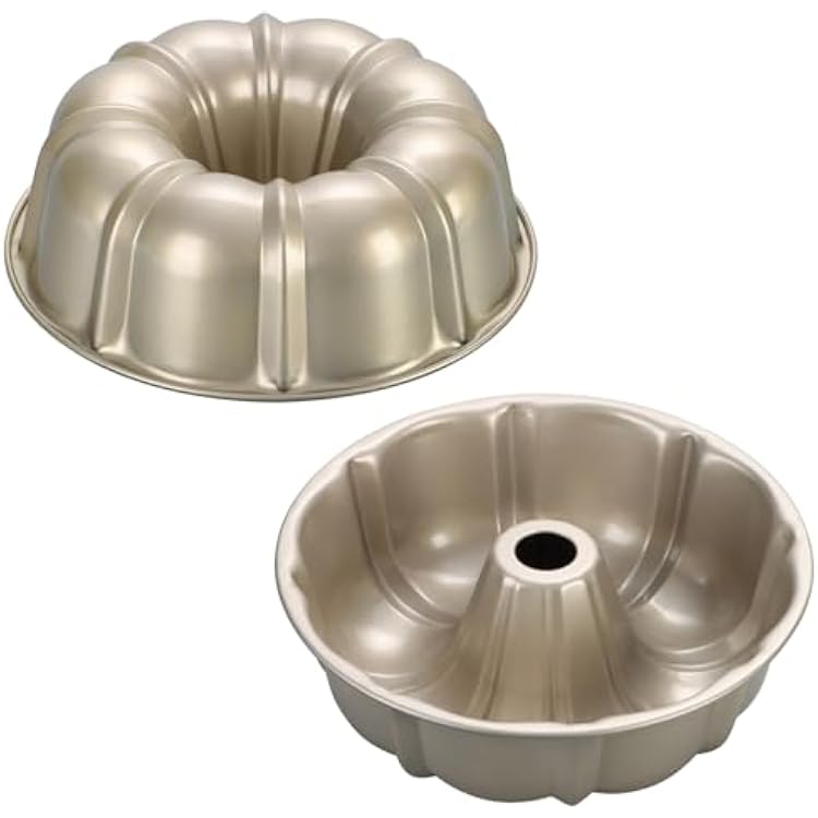 P&P CHEF 10 Inch Light Gold Non-stick Cake Pan, Carbon Steel Fluted Tube Round Baking Pan for Pound Cake, 10-Cup Large Capacity Bakeware, Healthy & Heavy Duty, 2 Pieces