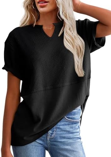 SHEWIN Womens Casual V Neck Waffle Knit Tops Short Sleeve T Shirts Loose Blouses