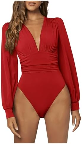 WDIRARA Womens Deep V Neck Ribbed Bodysuit Long Sleeve Skinny Bodycon Basic Bodysuit Tops