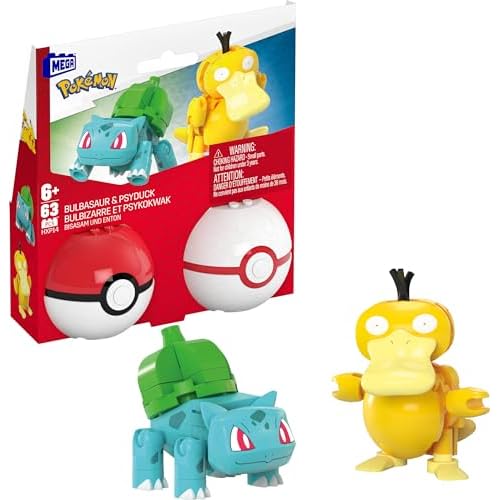 MEGA Pokemon Building Toys Set Bulbasaur & Psyduck with 63 Pieces, 2 Poseable Characters and Poke Ball, 2 Inches Tall, for Kids