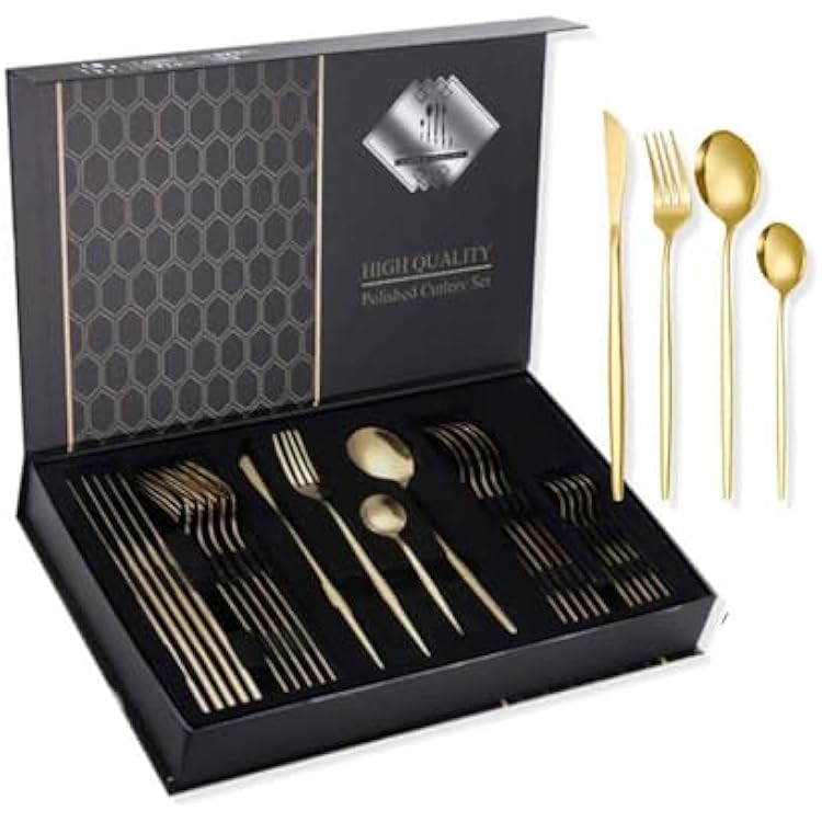 24 PCS 1810 Stainless Steel Flatware Set, 6 X Dinner Forks, 6 X Dinner Knives, 6 X Dinner Spoons, 6 X Tea Spoons Service for 6, Dishwasher SafeSize:B,Color:Gold