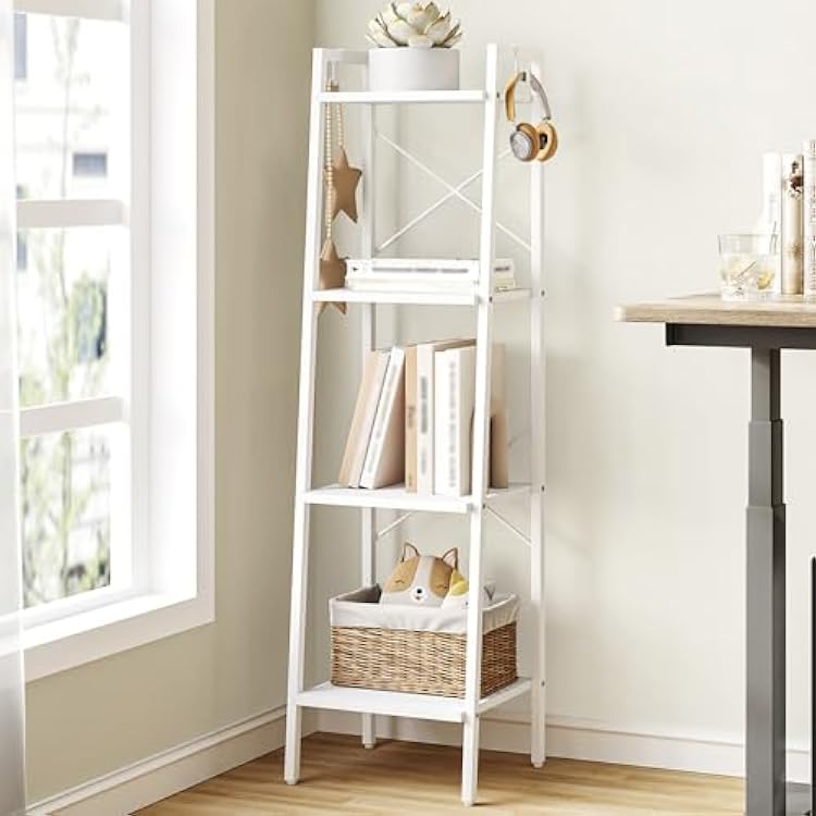 Hzuaneri Ladder Shelf, Bookshelf Bookcase, Freestanding Corner Storage Shelve with 2 Hooks for Home Office, Living Room, Kitchen, Bedroom, Industrial, 4-Tier White BC13213W