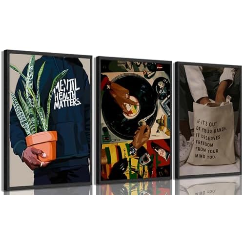 Black Men Wall Art Set of 3 Fashion African American Black Man Poster Prints Record Music DJ Painting Pictures Wall Decor Mental Health Artwork for Living Room Bedroom Decoration 12x16in