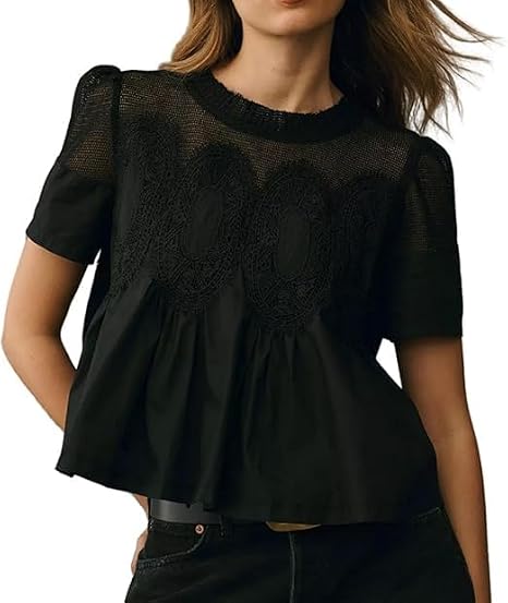Womens Lace Flared Short Sleeve Blouse Lace Poplin Ruffle Mesh Crew Neck Swing Babydoll Tops Elegant Loose Shirts