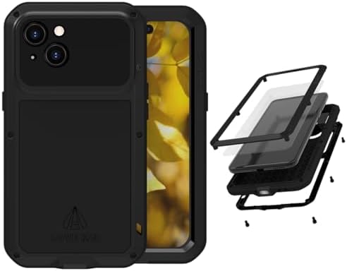 LOVE MEI for iPhone 15 6.1 Metal Case, Heavy Duty Metal Military Grade Shockproof Dustproof Full Body Case with Built in Tempered Glass Screen Protector for iPhone 15 Black