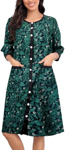 Bloggerlove House Dress Women Cotton Snap Front Nightgown 34 Sleeve Housecoat Duster Robe with Pockets Moomoo Patio Dress