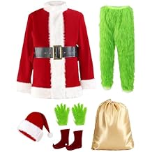 Buheco Christmas Costume for Men 7PCS Deluxe Adult Santa Outfit Suit Furry Professional Xmas Halloween Monster Cosplay Adults