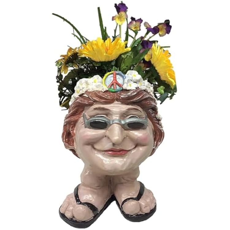 SUNGUARD Muggly Hippie Flower Child Janice Fully Painted 13 Face Planter Garden Statue Holds 4 Pot Funny Face Humorous Pot