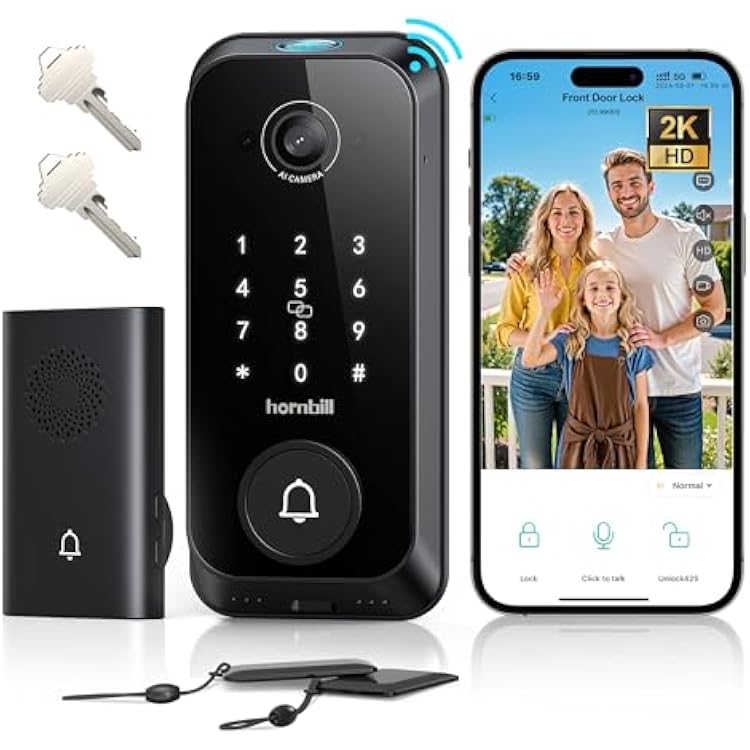 Video Smart Lock with Camera: 4-in-1 Ring2K CameraDoorbellFingerprint Hornbill Keyless Entry Door Lock, Built-in WiFi Deadboltonly 2.4G, Two-Way AudioApp Remote ControlPIR, No Monthly Fee