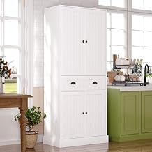 4 EVER WINNER 72" Tall Pantry Cabinet, Farmhouse Storage Cabinet with Adjustable Shelves and Drawers, Rustic Wood Cupboard for Kitchen, Dining, Living Room, White