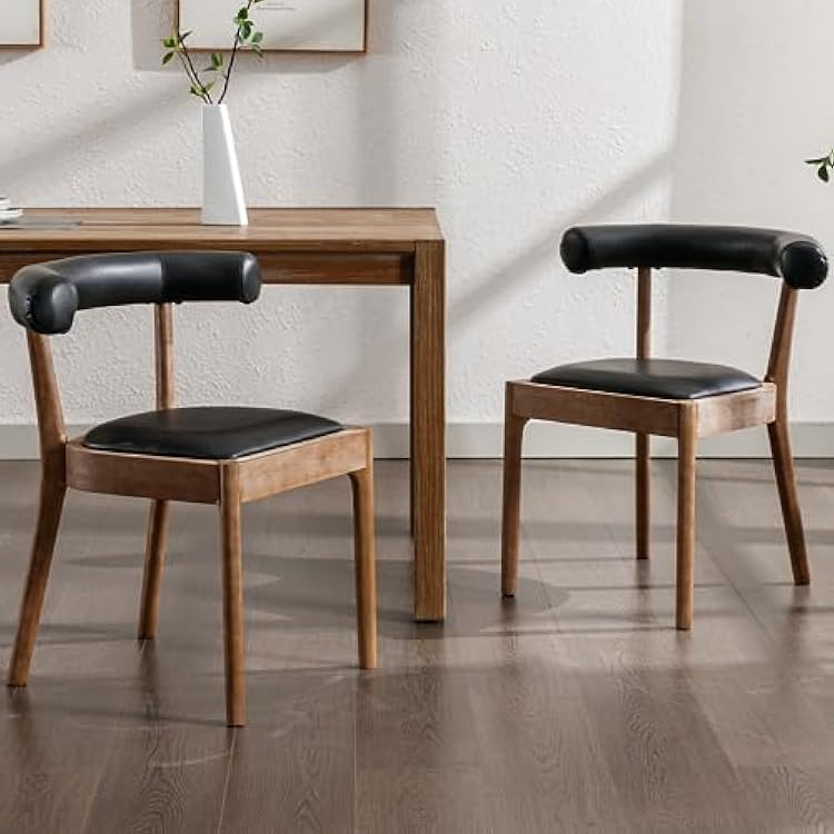 Kmax Dining Room Chairs Mid-Century Modern Fabric Kitchen Chairs with Natural Walnut Finished Frame, Linen Curved Back, 2-Pcs Set, Beige