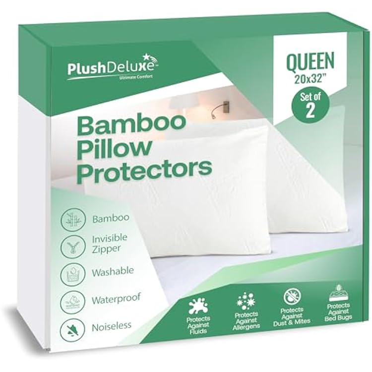 Premium Waterproof Pillow Protector Covers - Viscose Made from Bamboo Allergy, Dust, and Mite Proof Zippered Pillowcase, Set of 2 Queen Size
