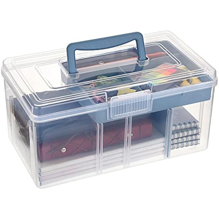 BTSKY 2 Layer Clear Plastic Dividing Storage Box with Removable Tray Multipurpose Stationery Storage Box with Handle Portable Sewing Box Art Craft Supply Organizer Home Utility Box Big Blue