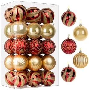 SHareconn 30pcs Christmas Tree Decorations, Christmas Baubles Ornaments | 60mm Baubles Christmas Decorations, Shatterproof Plastic, Pre-Hanged Strings, for Xmas Tree Decor Holiday Party, Red &amp; Gold