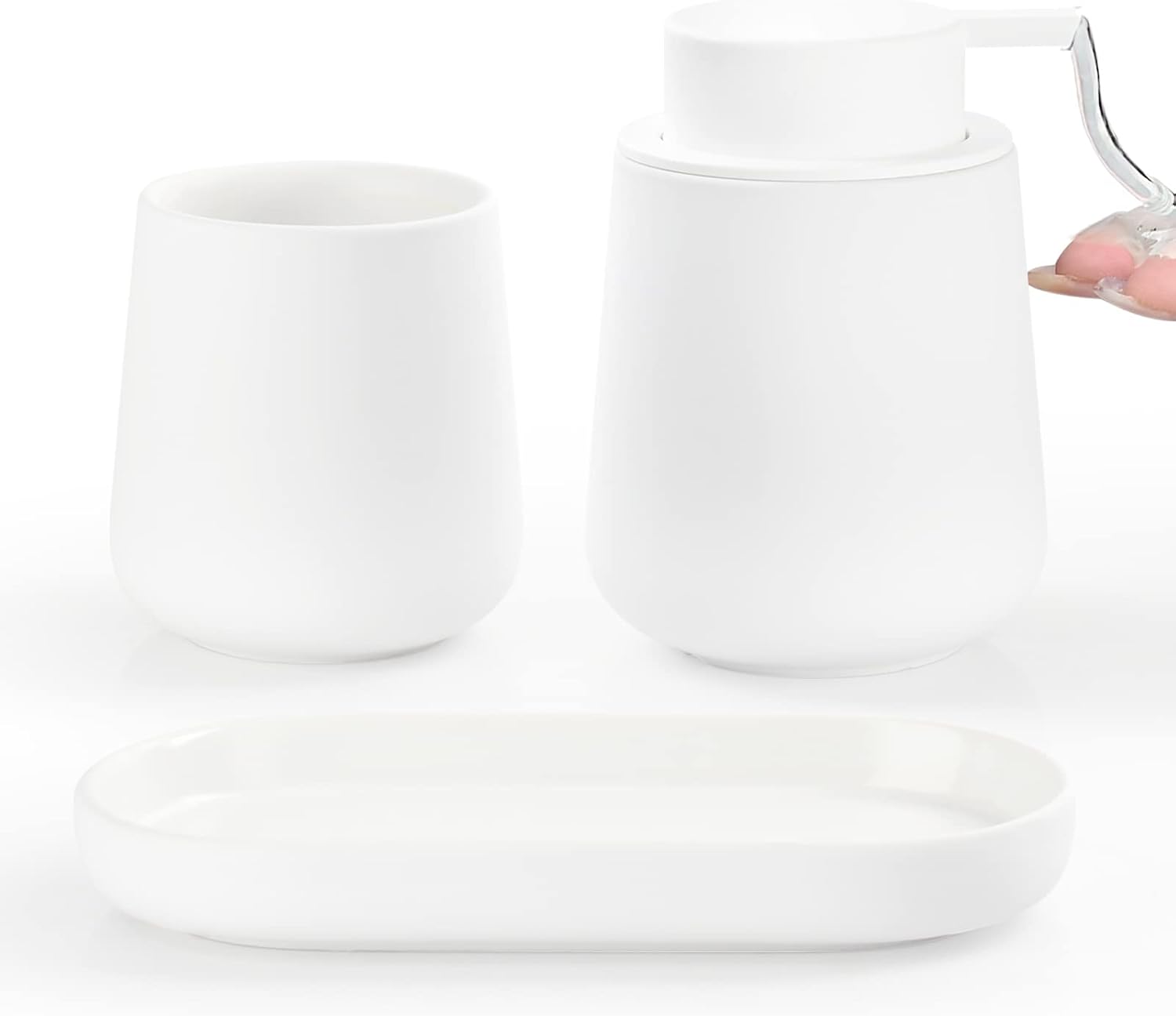 BosilunLife White Bathroom Accessory Set - 3 pcs Ceramic Bathroom Soap Dispenser Set Farmhouse Bathroom Counter Decor Set Accessories, Soap Dispenser and Toothbrush Holder, Tray White Liquid