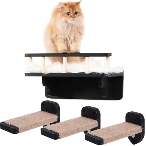 Cat Wall Shelf with 3 Cat Wall Steps,Cat Wall Shelves with Plush Coverd,Cat Climbing Shelf for Indoor Cat,Cat Wall Furniture Cat Shelf for Wall Black