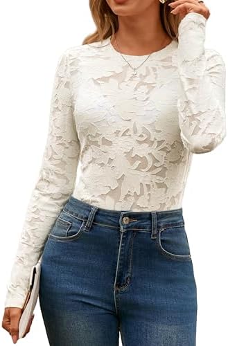 Glamaker Womens Mesh Long Sleeve Tops Lace See Through Sexy Crew Neck Eyelet Shirts Party Floral Club Dressy Blouse