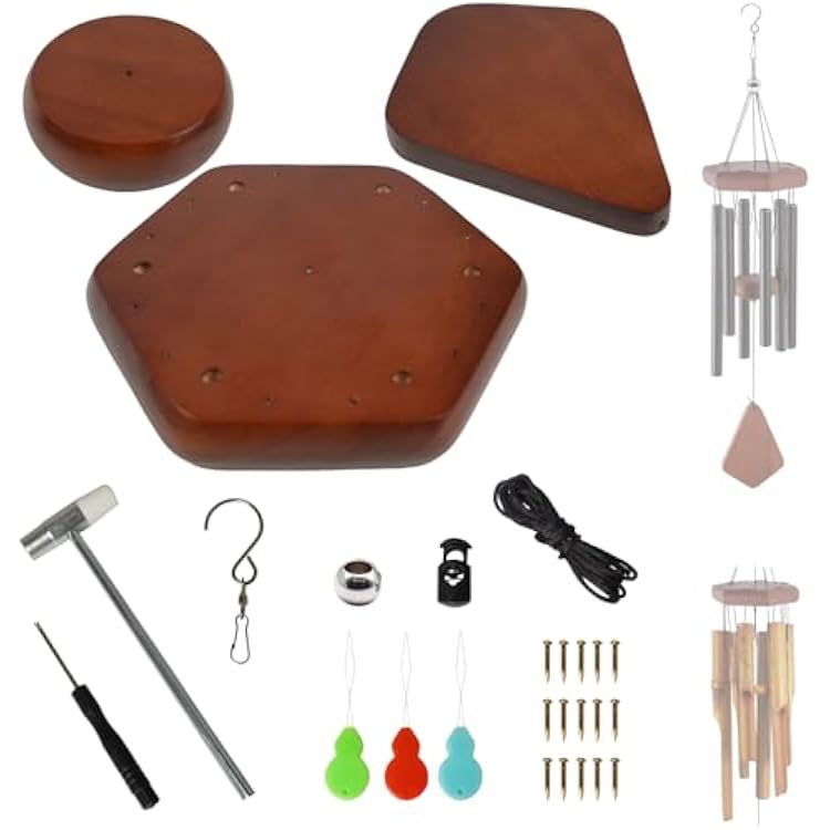 Wind Chime Kit 28 PCS Wind Chime Replacement Parts Including Hexagon Top, Clapper, Wind Catcher, 19.6FT Nylon Cord, DIY Wood Windchime Supplies Brown