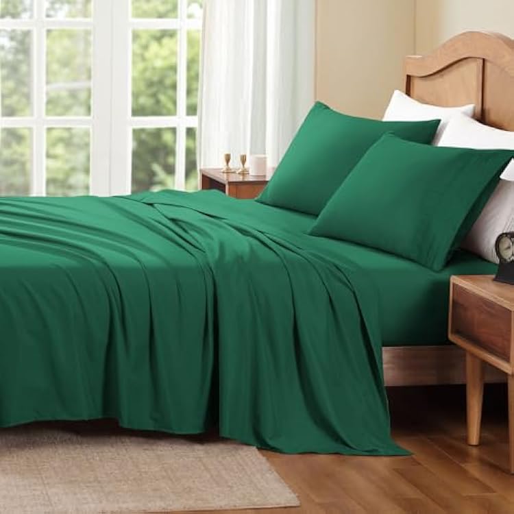ClevaHome Queen Sheet Set, 4-Piece Bed Sheets for Queen Size Bed, Lightweight & Super Soft Easy Care Microfiber Shrinkage & Fade Resistant Bedding Set with 14 Deep Pockets Forest Green