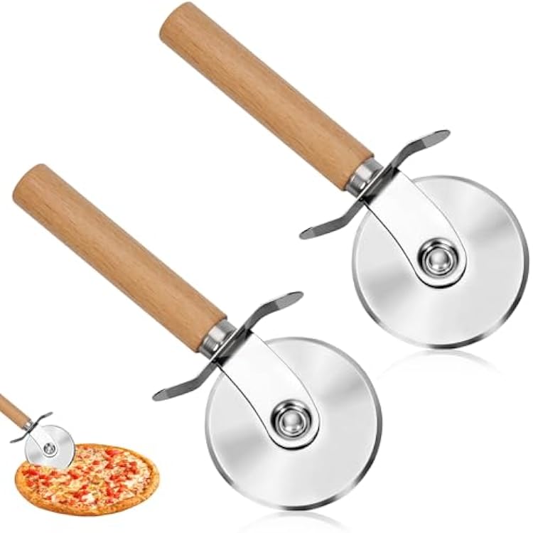 Pizza Cutter Wheel, 2 Pieces Stainless Steel Kitchen Pizza Cutters Professional Pizza Slicer with Wooden Handle and Sharp Blade Pizza Knife Wheel with Finger Protection Multifunctional