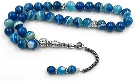 Tasbih Natural Agate Stone Muslim Rosary Prayer Beads Blue Misbaha Man Bracelet (10mm x 33beads)
