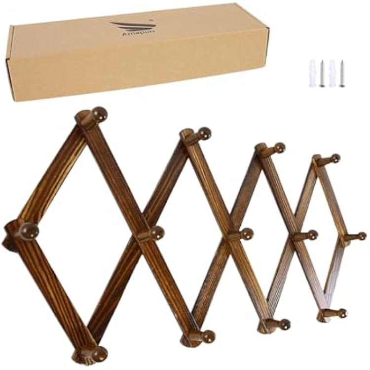 AMAPON Accordion Style Expandable Wall Wooden Coat Rack 13 Hooks Pegs Hang Hats Jackets Coffee Mug Purses Necklaces Towels Cap Leash Scarves Data Line Kitchenware Walnut