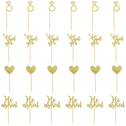 24 Pcs He Asked She Said Yes Cake Topper Gold Cupcake Toppers Heart Diamond Ring Cupcake Picks Glitter Cupcake Decorations for Wedding Engagement Bridal Shower Party Cake Decorations