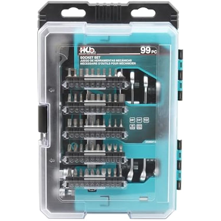 HB 99-Piece Socket Set AKM037-U, 90-Tooth Ratchet 38 Drive, Metric SAE 14 Sockets, Phillips Pozi Slotted Hex Star Square Tri-Wing Torq Bits, Extendable Compact Case, Made in Taiwan