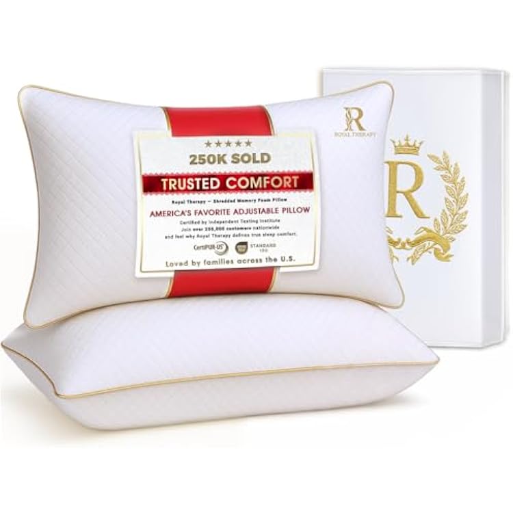 Royal Therapy Queen Size Set of 2-Shredded Memory Foam PillowAdjustable Memory Foam Pillow for Sleeping, Firm Pillow for Neck & Shoulder Support, Breathable Bed Pillow for Back Stomach Side Sleepers