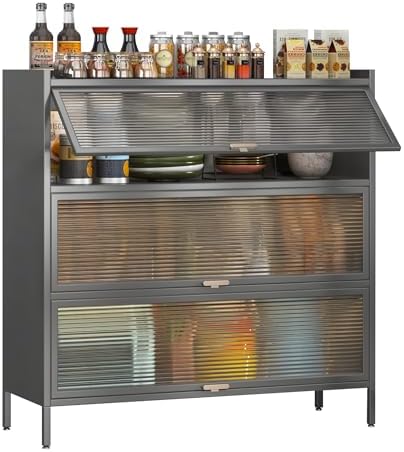 Bakers Rack with Storage Cabinet, 3 Tier Kitchen Pantry Storage Cabinet, Microwave Stand with Storage, Pantry Cabinet, Kitchen Sideboard with Flip-up Cabinet Doors (White)