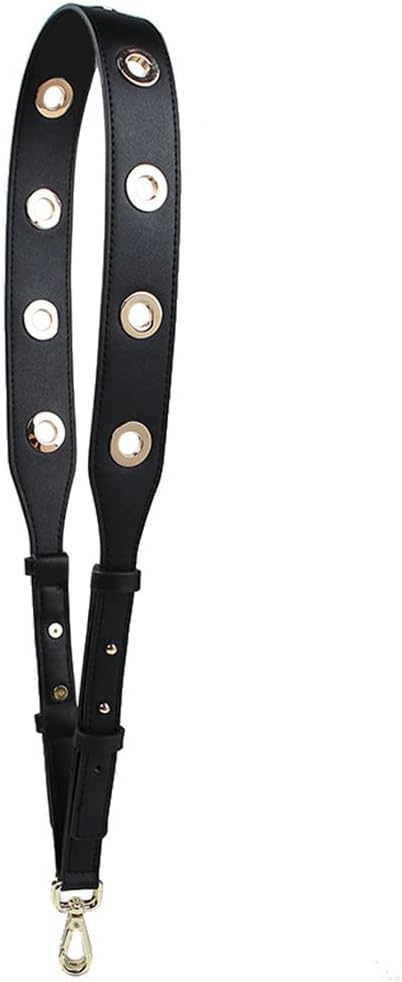 Ladies Wide PU Leather Shoulder Strap Round Rivet Perforated Adjustable Handbag Shoulder Bag Straps with Gold Metal Hardware Round Rivet Black
