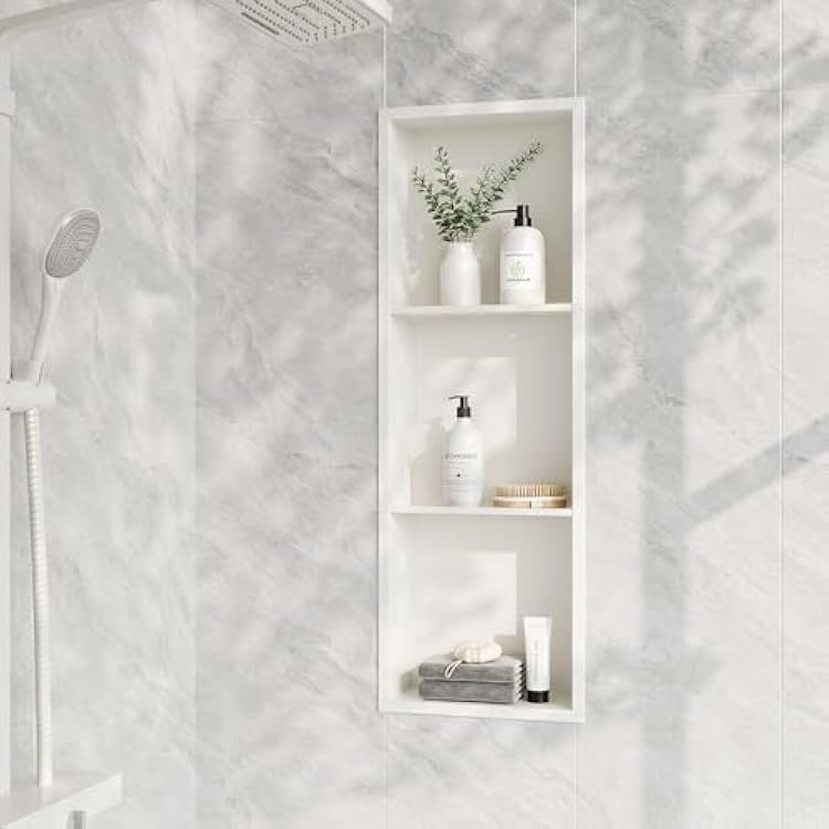 Neodrain 12X36 Inch Shower Niche, White 3-Tier Stainless Cubby NO Tile Needed Recessed Niche Shower for Bathroom Storage, Waterproof Wall Shelf