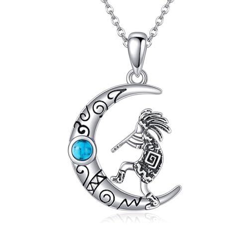 Turquoise Western Necklace Sterling Silver Moon KokopelliCow SkullZia SunMountains Pendant Necklace Turquoise Jewelry for Women Hikers Campers