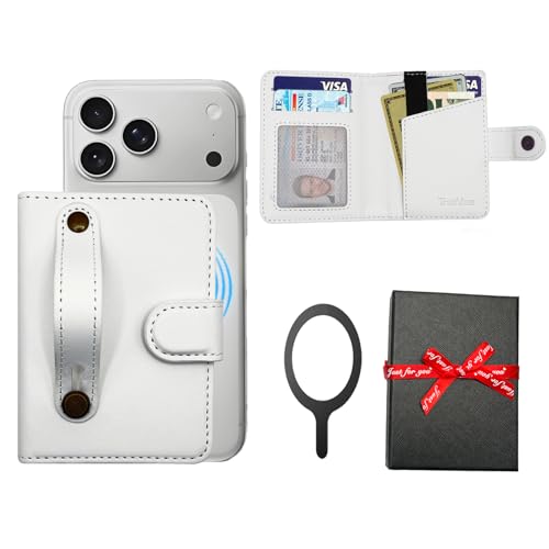 for MagSafe Phone Wallet Magnetic Card Holder for iPhone 171615141312ProMaxPlus,RFID Blocking Strong Magnet Wallets for MagSafe Phones and Cases,Hold 5 Cards,Strap Stand Leather White