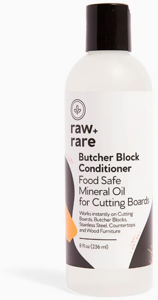 Raw Plus Rare Cutting Board Mineral Oil 8 oz | Kosher-certified, food-safe oil that conditions wood cutting boards, cast iron, and blades