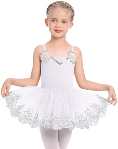 IBAKOM Ballerina Dress Ballet Leotards for Girl Shiny Sequins Flower Ballerina Tutu Floral Lace Dance Leotards Tulle Skirt
