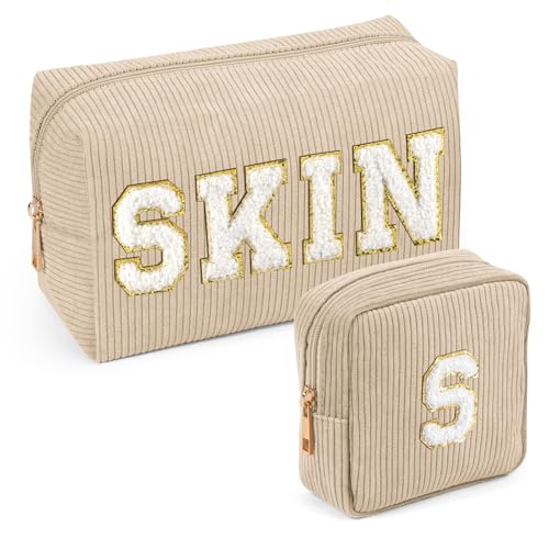 MAGEFY Makeup Bag,2 Pcs Initial Cute Makeup Bag for Purse Corduroy Cosmetic Bag for Girls Women Small Travel Makeup Pouch with ZipperBeige-SKINS