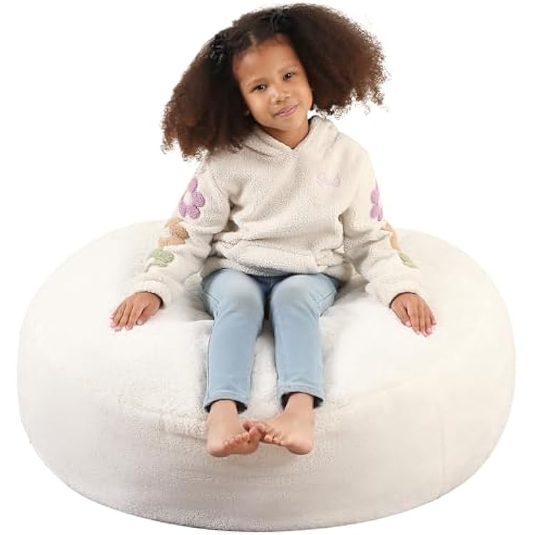 2-in-1 Kids Round Bean Bag Chair, Fluffy Beanbag with High-Density Foam Fillings for Toddlers, Reading Floor Cushion Chair Corner, 10x 35, Cream
