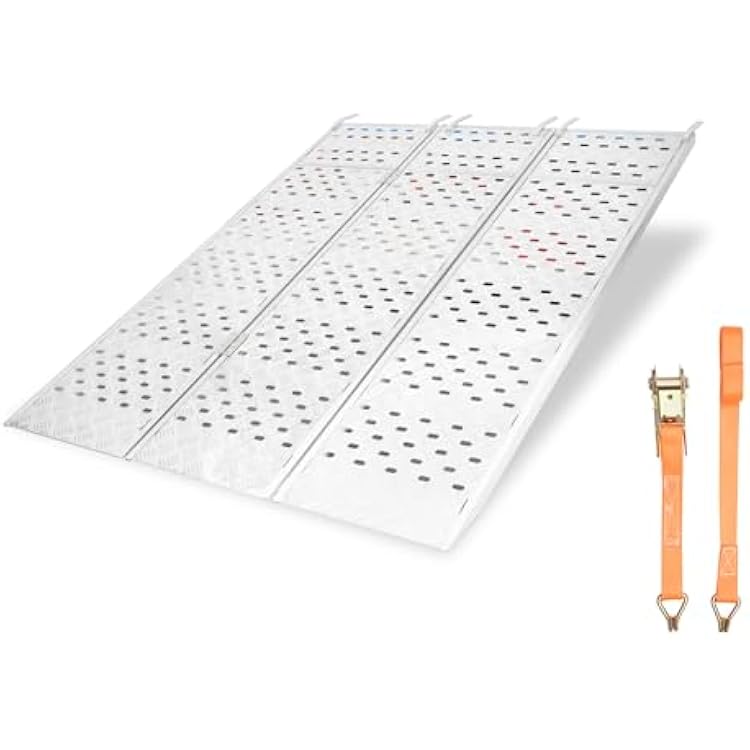 Aluminum Tri-Fold Ramp with Treads, 1,500lb Capacity, 54 W x 77 L Manual Welding Ramps for Motorcycles, UTVs, ATVs, Trucks, Lawnmowers, Snow Blowers 77 x 54