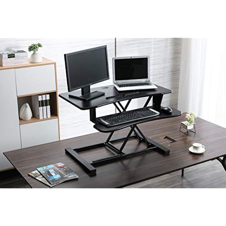 Black Adjustable Height Standing Desk Converter - 36 Inch Wide Laptop Riser or Dual Monitor Workstation