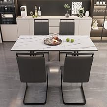 Extendable Dining Table Set for 4, 5 Piece Dining Table Set with 47-63 Expandable Table and 4 Upholstered Chairs, Modern Rectangle Kitchen Table Set for Dining Room and Apartment,White