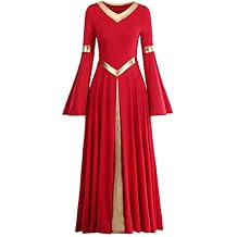 Women Metallic V Neck Praise Dance Dress Liturgical Worship Costume Bi Color Bell Long Sleeve Church Robe Praisewear
