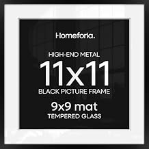 Homeforia 11x11 Picture Frame Black, High End Metal 11 by 11 Square Frames with Mat 9 x 9 Opening, 11by11 Poster Frames Matted to 9x9 inch Photo, Wall Hanging Frame, Tempered Glass, Wall Kit, Set of 1