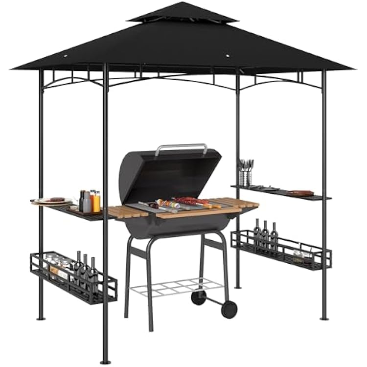 Outsunny 8 x 5 Grill Gazebo, 2-Tier Outdoor BBQ Gazebo with Ceiling Hook, 2 Side Shelves and Storage Baskets for Patio Deck Yard, Dark Gray